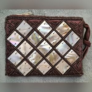 Mad By Design Brown Beaded Mother-of-Pearl Accent Wristlet Coin Purse